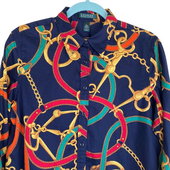 L-Ralph Lauren Sz L Signature Equestrian Print Long Sleeve Button Down Shirt - Picture 2 of 16